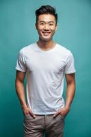 Asian Rectangular Working Professional, Refined, Simple, White Oversized T-Shirt 3D Rendering, T Shirt White Model for Magazine, Marketplace, Fashion photo
