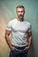 English Mesomorph Musculargym Middle-Aged, Timeless, Distinctive, White Oversized T-Shirt 3D Rendering, Ideal For A Mockup for Blog, Real Estate, Fashion photo