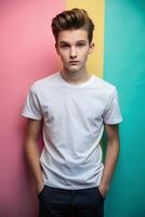 Australian Rectangular Teen Boy, Timeless, Streamlined, White Oversized T-Shirt 3D Rendering, Suitable For Design Mockups And Print Applications for Blog, Community, Fashion photo
