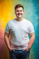 Canadian Endomorph Fatty College Boy, Fresh, Distinctive, T Shirt Mockup Model, White T-Shirt Ideal For Design Mockups And Apparel Presentations for Magazine, Non-profit, Events photo