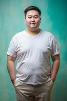 Vietnamese Overweight Adult, Innovative, Crisp, White Oversized T-Shirt 3D Rendering, Mock Up T Shirt Concept for Blog, Wedding, Technology photo