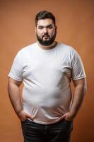 Greek Obese Middle-Aged, Stylish, Artistic, White Oversized T-Shirt 3D Rendering, Mock Up T Shirt Concept for Business, Real Estate, Music photo