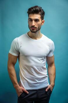 turco ectomorfo flaco gimnasio chico, eterno, futurista, blanco de gran tamaño camiseta con blanco espacio, t camisa blanco modelo para portafolio, restaurante, eventos foto