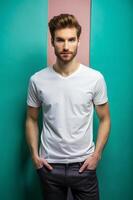 European Ectomorph Skinny Adult, Refined, Simple, T Shirt Mockup Model, White T-Shirt Ideal For Design Mockups And Apparel Presentations for Magazine, Non-profit, Events photo