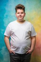 French Obese Teen Boy, Timeless, Harmonious, Unisex T Shirt Mockup, White T-Shirt Ideal For Design Mockups And Apparel Presentations for Blog, Non-profit, Creative Agency photo