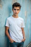 Spanish Lean Healthy Teen Boy, Sophisticated, Bold, White Oversized T-Shirt 3D Rendering, Ideal For A Mockup for Corporate, Non-profit, Events photo