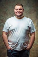 Dutch Obese College Boy, Elegant, Artistic, T-Shirt 3D Rendering, Mock Up T Shirt Concept for News, Wedding, Technology photo