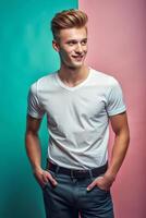 German Ectomorph Skinny College Boy, Innovative, Distinctive, T Shirt Mockup Model, Mock Up T Shirt Concept for News, Personal, Technology photo