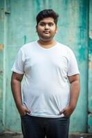 Bangladeshi Overweight College Boy, Sleek, Polished, White Oversized T-Shirt 3D Rendering, White T-Shirt Ideal For Design Mockups And Apparel Presentations for Retail, Personal, Music photo