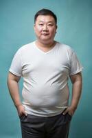 Chinese Overweight Middle-Aged, Sleek, Streamlined, T Shirt Mockup Model, Universal Clothing for Portfolio, Non-profit, Music photo