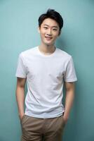 Korean Rectangular College Boy, Elegant, Simple, T-Shirt 3D Rendering, White T-Shirt Ideal For Design Mockups And Apparel Presentations for Blog, Non-profit, Creative Agency photo