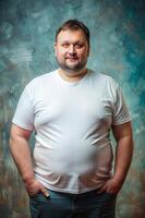 Russian Obese Middle-Aged, Fresh, Streamlined, Unisex T Shirt Mockup, T Shirt White Model for Magazine, Real Estate, Music photo