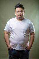 Indonesian Obese Gym Guy, Stylish, Simple, T-Shirt 3D Rendering, Mock Up T Shirt Concept for Multi-purpose, Marketplace, Fashion photo