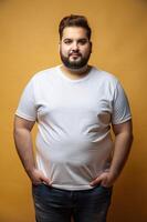 Spanish Overweight Gym Guy, Sophisticated, Polished, Half Sleeves, White T-Shirt Ideal For Design Mockups And Apparel Presentations for Magazine, Marketplace, Events photo