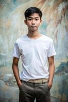 Indonesian Underweight Teen Boy, Elegant, Futuristic, White Oversized T-Shirt 3D Rendering, Suitable For Design Mockups And Print Applications for Magazine, Real Estate, Music photo