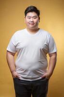Asian Overweight College Boy, Timeless, Streamlined, Realistic T Shirt Mockup, White T-Shirt Ideal For Design Mockups And Apparel Presentations for Corporate, Entertainment, Technology photo