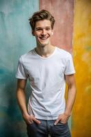 German Rectangular College Boy, Stylish, Polished, Realistic T Shirt Mockup, White T-Shirt Ideal For Design Mockups And Apparel Presentations for E-commerce, Travel, Creative Agency photo