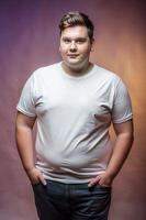German Overweight College Boy, Refined, Distinctive, Unisex T Shirt Mockup, Ideal For A Mockup for Magazine, Restaurant, Creative Agency photo