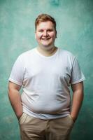 Swedish Overweight College Boy, Fresh, Polished, Half Sleeves, Ideal For A Mockup for Retail, Health and Fitness, Music photo