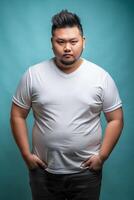 Indonesian Obese Gym Guy, Contemporary, Bold, Half Sleeves, White T-Shirt Ideal For Design Mockups And Apparel Presentations for E-commerce, Personal, Creative Agency photo