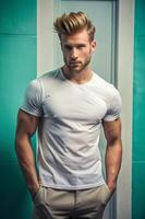 Dutch Rectangular Gym Guy, Contemporary, Crisp, White Oversized T-Shirt 3D Rendering, Ideal For A Mockup for News, Restaurant, Events photo