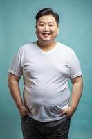 Korean Obese Middle-Aged, Chic, Futuristic, Mockup T Shirt Template, Ideal For A Mockup for Magazine, Entertainment, Music photo