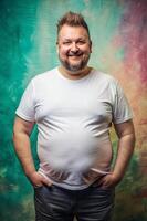 German Overweight Middle-Aged, Sophisticated, Harmonious, Realistic T Shirt Mockup, T Shirt White Model for Business, Photography, Creative Agency photo