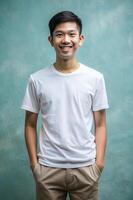 Indonesian Underweight College Boy, Sleek, Futuristic, Unisex T Shirt Mockup, Suitable For Design Mockups And Print Applications for Corporate, Travel, Creative Agency photo