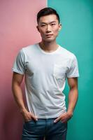 Vietnamese Rectangular Gym Guy, Elegant, Distinctive, White Oversized T-Shirt 3D Rendering, T Shirt White Model for Portfolio, Photography, Music photo