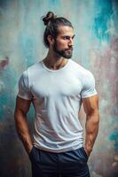 Australian Mesomorph Musculargym Gym Guy, Fresh, Crisp, T Shirt Mockup Model, T Shirt White Model for Multi-purpose, Entertainment, Creative Agency photo
