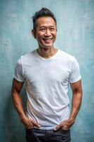 Indonesian Athletic Middle-Aged, Refined, Simple, White Oversized T-Shirt With Blank Space, Template Of Fashion Clothes for E-commerce, Photography, Events photo