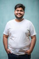 Indian Overweight College Boy, Elegant, Bold, White Oversized T-Shirt 3D Rendering, Suitable For Design Mockups And Print Applications for Portfolio, Photography, Events photo