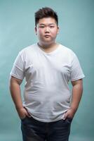 Vietnamese Overweight Teen Boy, Chic, Polished, T-Shirt 3D Rendering, White T-Shirt Ideal For Design Mockups And Apparel Presentations for News, Marketplace, Events photo