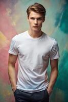 Russian Underweight Gym Guy, Elegant, Bold, Realistic T Shirt Mockup, Universal Clothing for Portfolio, Community, Events photo