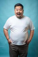 Malaysian Obese Middle-Aged, Innovative, Balanced, Unisex T Shirt Mockup, Template Of Fashion Clothes for Magazine, Marketplace, Technology photo