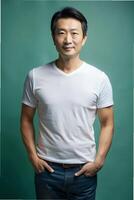 Korean Ectomorph Skinny Middle-Aged, Refined, Bold, Perfect For Fashion, Clothing, Ideal For A Mockup for Corporate, Personal, Music photo