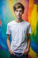 Dutch Ectomorph Skinny Teen Boy, Stylish, Streamlined, T-Shirt 3D Rendering, Ideal For A Mockup for Corporate, Health and Fitness, Technology photo