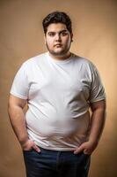 Argentine Obese College Boy, Sleek, Futuristic, Realistic T Shirt Mockup, Suitable For Design Mockups And Print Applications for Multi-purpose, Entertainment, Music photo