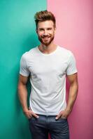 German Ectomorph Skinny Working Professional, Sophisticated, Distinctive, Half Sleeves, White T-Shirt Ideal For Design Mockups And Apparel Presentations for News, Marketplace, Technology photo