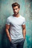 American Athletic Gym Guy, Sophisticated, Harmonious, Mockup T Shirt Template, White T-Shirt Ideal For Design Mockups And Apparel Presentations for Magazine, Travel, Events photo