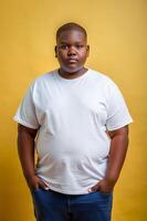 South African Endomorph Fatty Teen Boy, Elegant, Streamlined, T-Shirt 3D Rendering, Mock Up T Shirt Concept for Retail, Photography, Technology photo