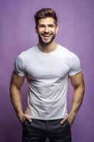 Brazilian Underweight Gym Guy, Fresh, Bold, White Oversized T-Shirt 3D Rendering, Ideal For A Mockup for Corporate, Restaurant, Technology photo