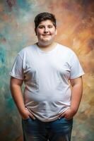 Italian Obese Teen Boy, Refined, Polished, Half Sleeves, Mock Up T Shirt Concept for Blog, Marketplace, Technology photo