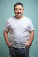 Vietnamese Overweight Middle-Aged, Sophisticated, Balanced, White Oversized T-Shirt With Blank Space, Template Of Fashion Clothes for Business, Non-profit, Fashion photo