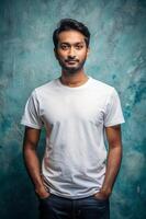 Bangladeshi Underweight Working Professional, Sleek, Artistic, Realistic T Shirt Mockup, Suitable For Design Mockups And Print Applications for Corporate, Non-profit, Music photo