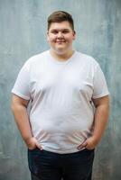 French Overweight College Boy, Stylish, Simple, White Oversized T-Shirt 3D Rendering, Universal Clothing for Business, Restaurant, Creative Agency photo