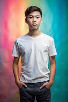 Malaysian Ectomorph Skinny Teen Boy, Innovative, Bold, White Oversized T-Shirt With Blank Space, Ideal For A Mockup for News, Non-profit, Technology photo