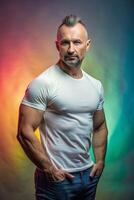 Russian Mesomorph Musculargym Middle-Aged, Elegant, Balanced, White Oversized T-Shirt 3D Rendering, Mock Up T Shirt Concept for Business, Entertainment, Music photo