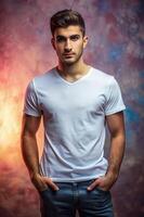 Turkish Endomorph Fatty College Boy, Chic, Futuristic, White Oversized T-Shirt With Blank Space, Ideal For A Mockup for E-commerce, Marketplace, Fashion photo