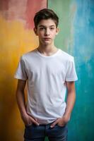 Spanish Lean Healthy Teen Boy, Refined, Streamlined, White Oversized T-Shirt With Blank Space, Suitable For Design Mockups And Print Applications for E-commerce, Restaurant, Technology photo